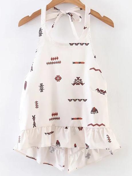 Shein White Printed Tie Back High Low Top