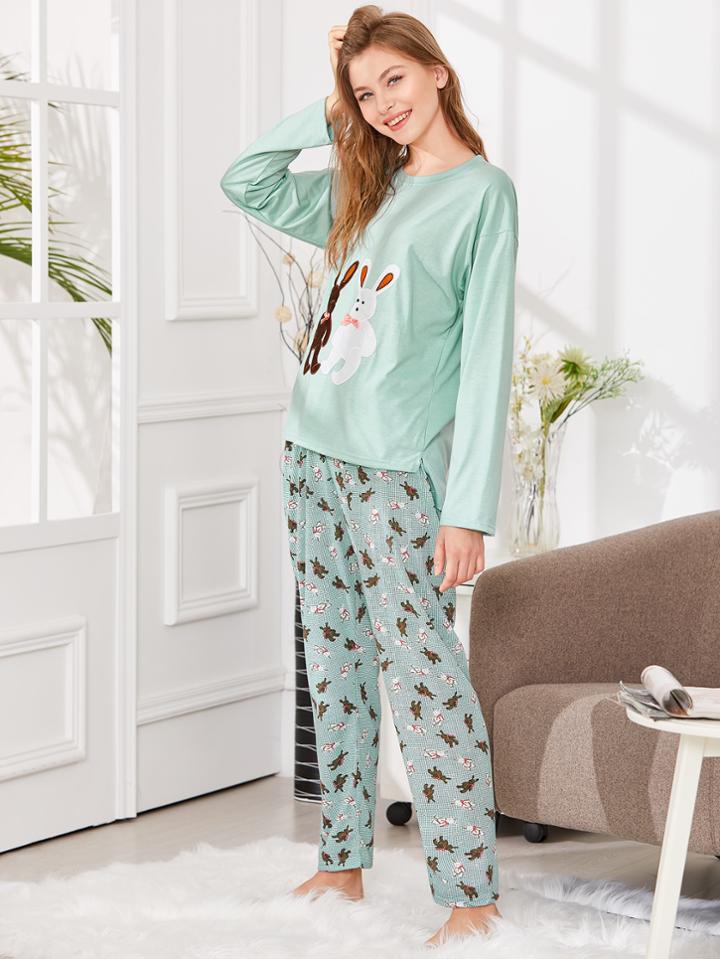 Shein Rabbit Embroidered Tee & Pants Pj Set