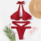 Shein Underwire Plunge Halter Top With Cut-out Bikini Set