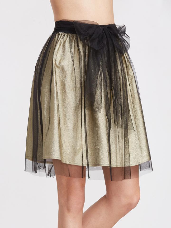 Shein Yellow Contrast Mesh Overlay Belted Skirt