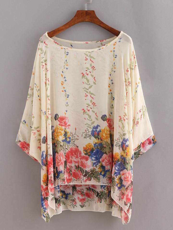Shein Flower Print Chiffon Poncho Blouse - Beige