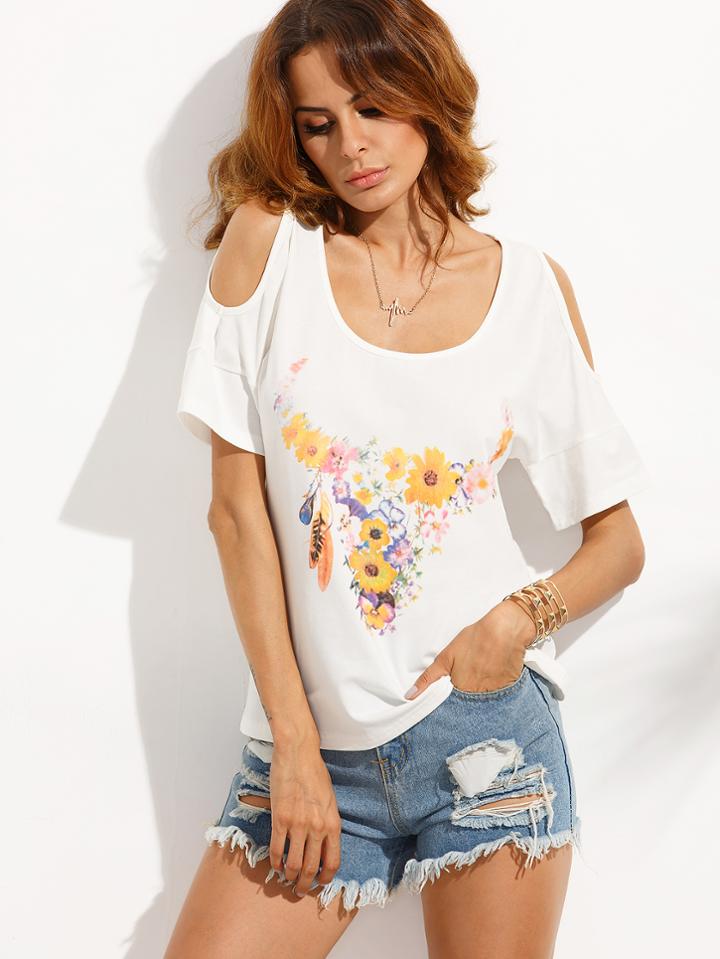 Shein White Floral Scoop Neck Cold Shoulder T-shirt