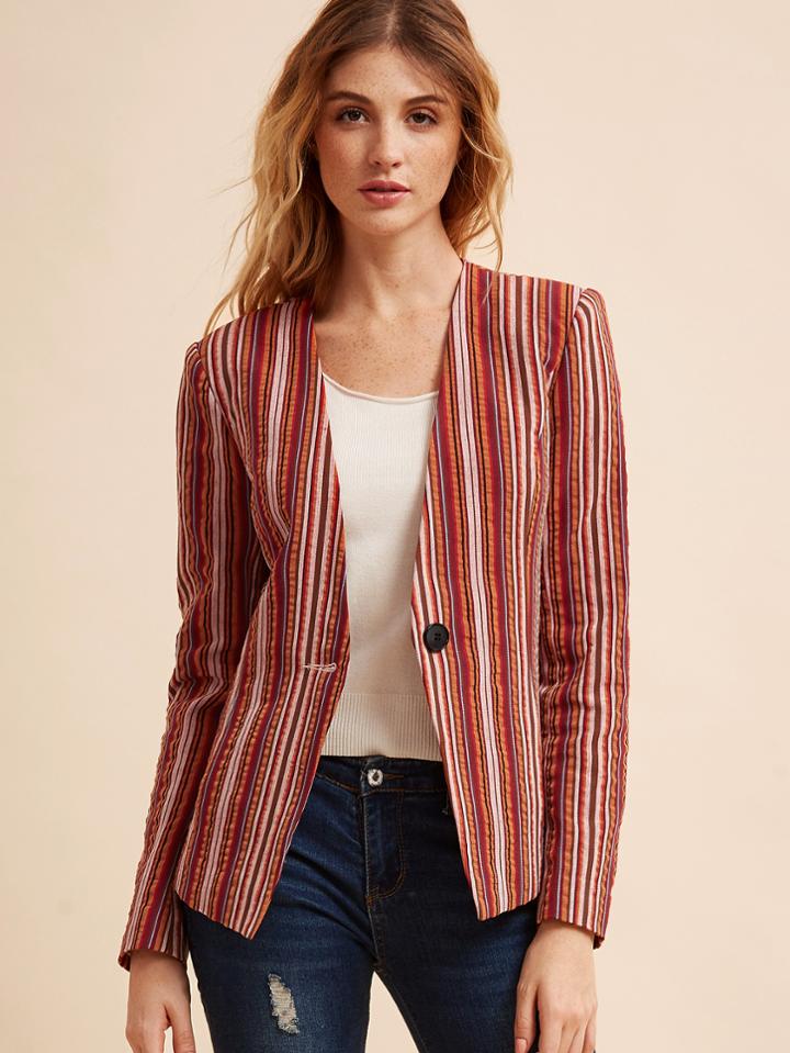 Shein Multicolor Vertical Striped Collarless One Button Blazer