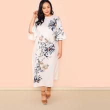 Shein Plus Trumpet Sleeve Botanical Print Dress