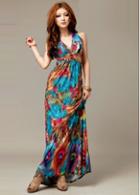 Rosewe V Neck Printed High Waist Dress