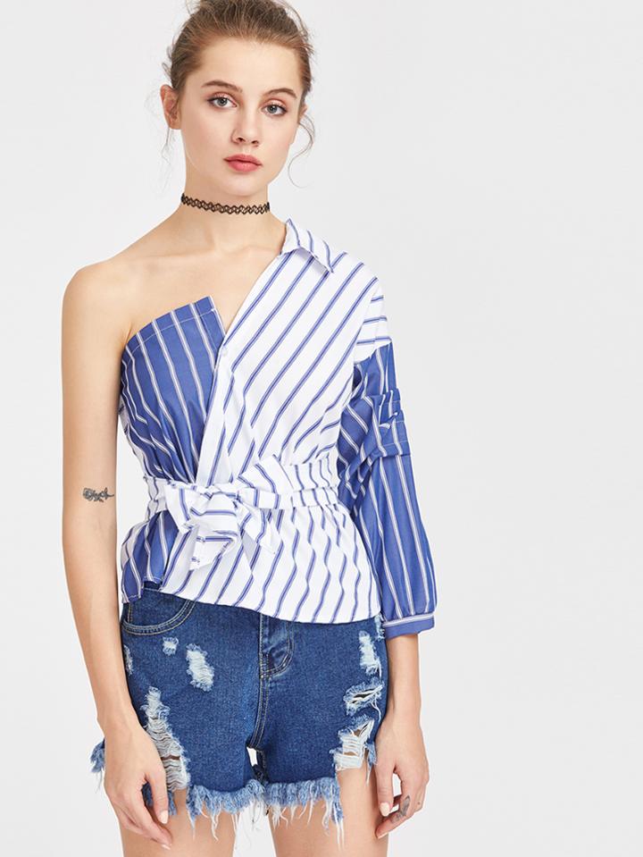 Shein One Shoulder Color Block Self Tie Striped Blouse