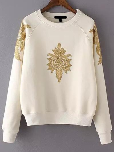 Shein Apricot Crew Neck Embroidered Crop Sweatshirt