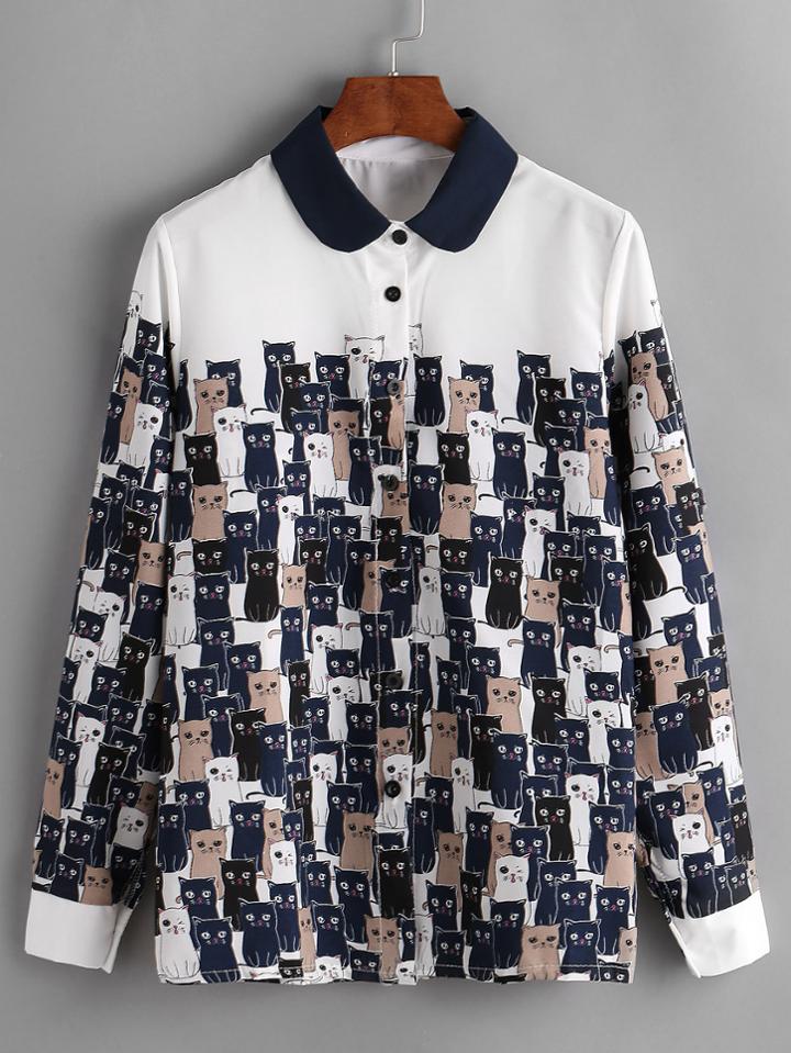 Shein Cats Print Contrast Collar Shirt