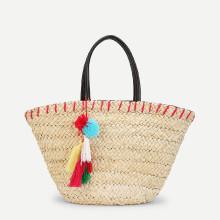Shein Pom Pom & Tassel Woven Tote Bag