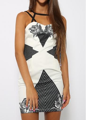 Rosewe Open Back Printed White Mini Dress