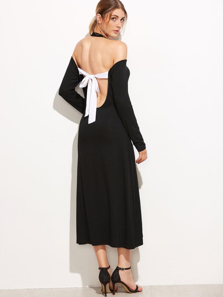Shein Black Halter Backless Lace Up Dress