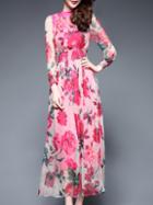 Shein Red Elastic-waist Floral Maxi Dress