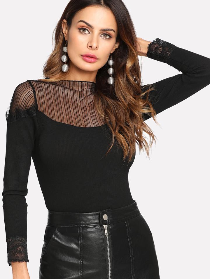 Shein Mesh Contrast Lace Crochet Cuff Blouse