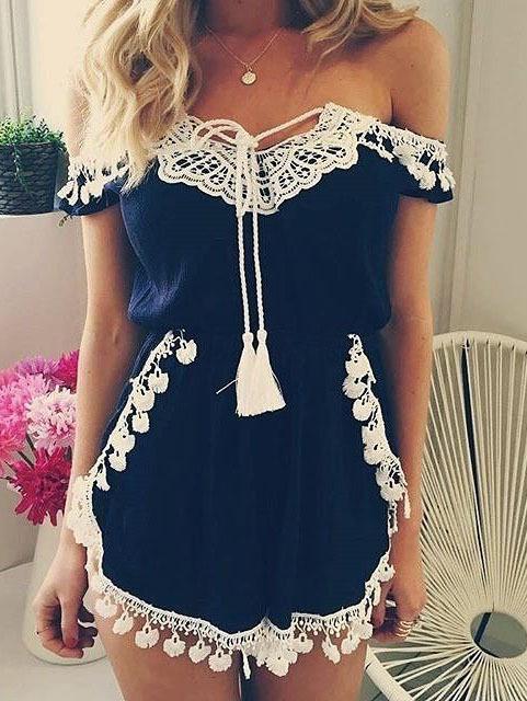 Shein Navy Off The Shoulder Fringe Hem Playsuit