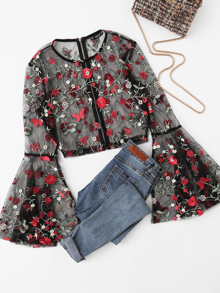 Shein Fluted Sleeve Botanical Mesh Top