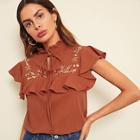 Shein Tie Neck Floral Embroidered Ruffle Top
