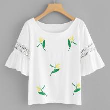 Shein Floral Print Hollow Out Ruffle Sleeve Tee