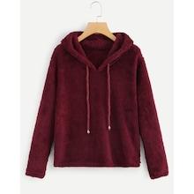 Shein Drawstring Detail Solid Teddy Sweatshirt