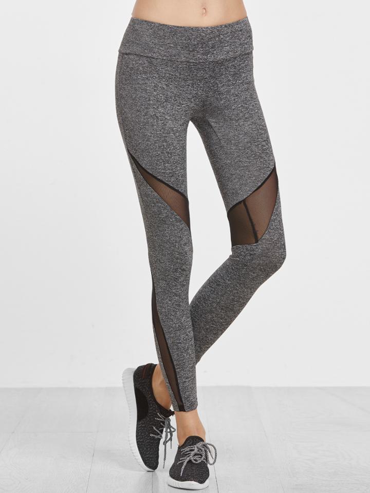 Shein Grey Marled Knit Wide Waistband Mesh Insert Leggings