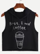 Shein Hooded Coffee Cup Print Sleeveless Black Dip Hem Top