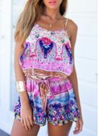 Rosewe Sleeveless Strap Design Printed Belted Romper