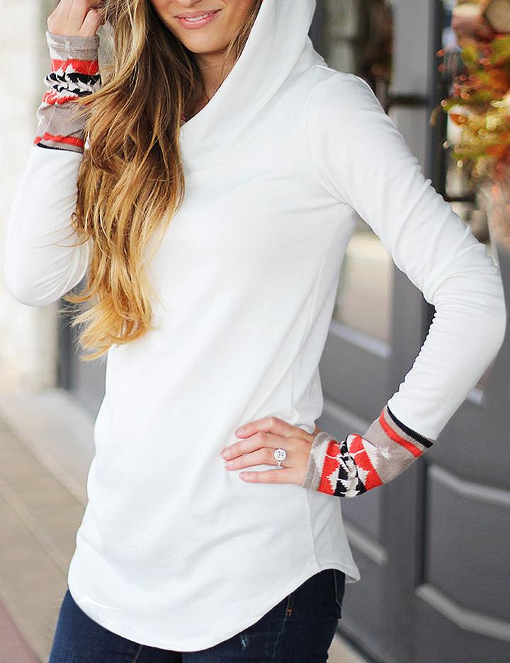 Shein White Printed Cuff Hooded Sweatshirt