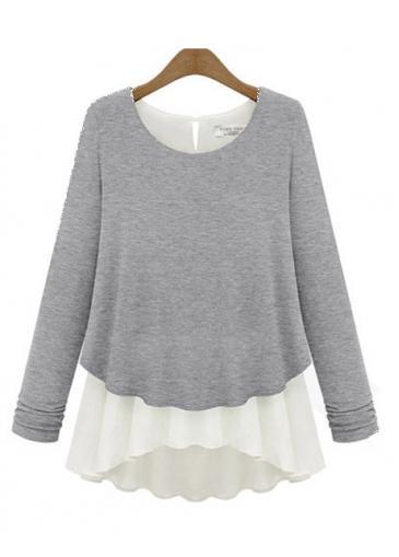 Rosewe Casual Long Sleeve Chiffon Tees With Light Grey And White Splicing