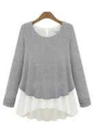 Rosewe Casual Long Sleeve Chiffon Tees With Light Grey And White Splicing