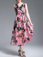 Shein V Neck Rose Print A-line Dress