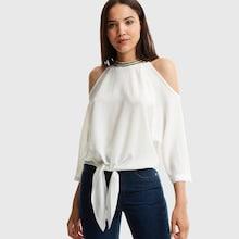 Shein Beaded Detail Cold Shoulder Knot Hem Top