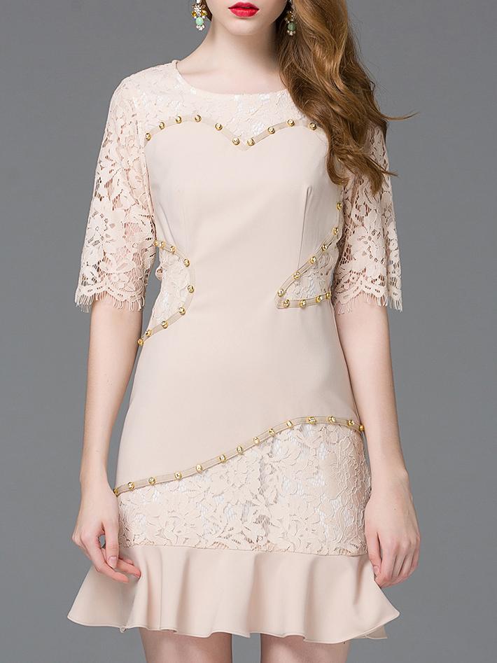 Shein Nude Crew Neck Flounce Contrast Lace Dress