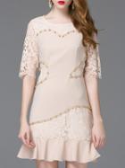 Shein Nude Crew Neck Flounce Contrast Lace Dress