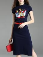 Shein Navy Sequined Beading Print Belted Split Dress