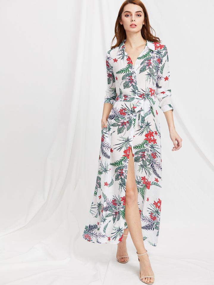 Shein Floral Print Self Tie Shirt Dress