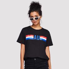 Shein Stripe And Letter Print Tee