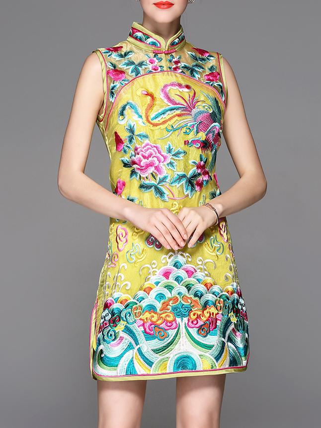 Shein Yellow Organza Flowers Embroidered Sheath Dress