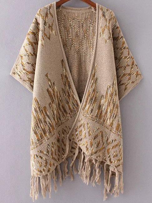 Shein Khaki Diamond Pattern Fringe Hem Poncho Sweater