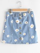 Shein Single Breasted Daisy Print Denim Skirt