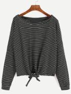 Shein Black Striped Drop Shoulder Tie Front T-shirt