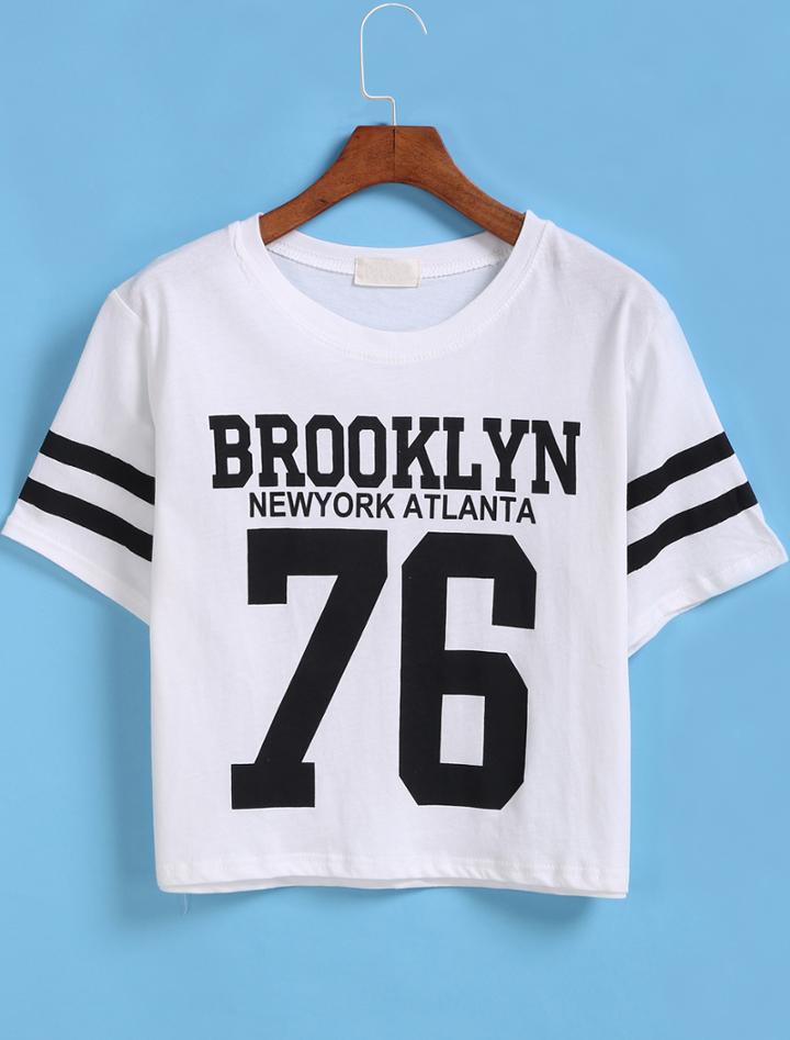 Shein White Short Sleeve Brooklyn 76 Print Number Comfort Racewear Monogrammed Crop T-shirt
