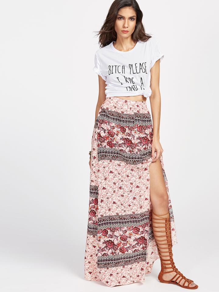 Shein Floral Print Slit Hem Maxi Skirt