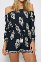 Shein Navy Off The Shoulder Floral Drawstring Jumpsuit