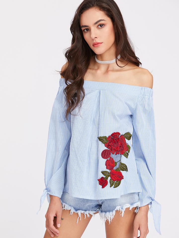 Shein Bardot Appliques Vertical Pinstripe Top