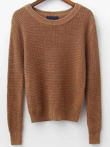 Shein Brown Waffle Knit Ribbed Trim Sweater