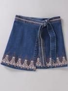Shein Blue Embroidery Self Tie Vintage Skirt