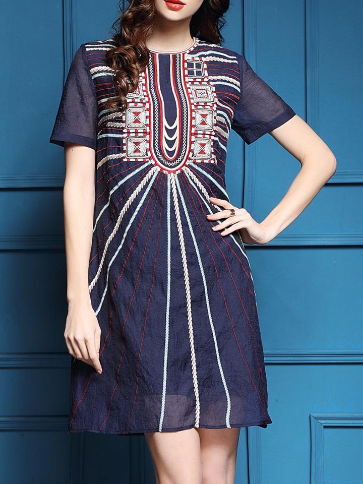 Shein Blue Tribal Embroidered Shift Dress