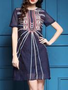 Shein Blue Tribal Embroidered Shift Dress