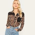 Shein Pocket Front Leopard Print Collar Top