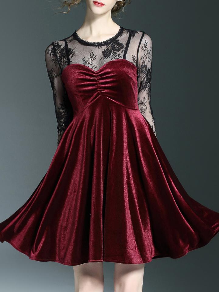 Shein Burgundy Contrast Lace Velvet Dress