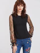 Shein Vine Flower Embroidered Mesh Sleeve T-shirt